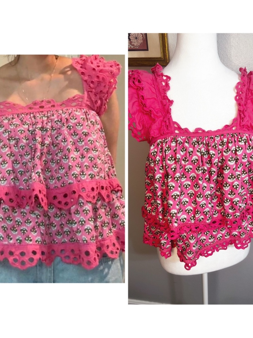 Anthropologie Tiered swing top Small Let Me Be Pink Green eyelet